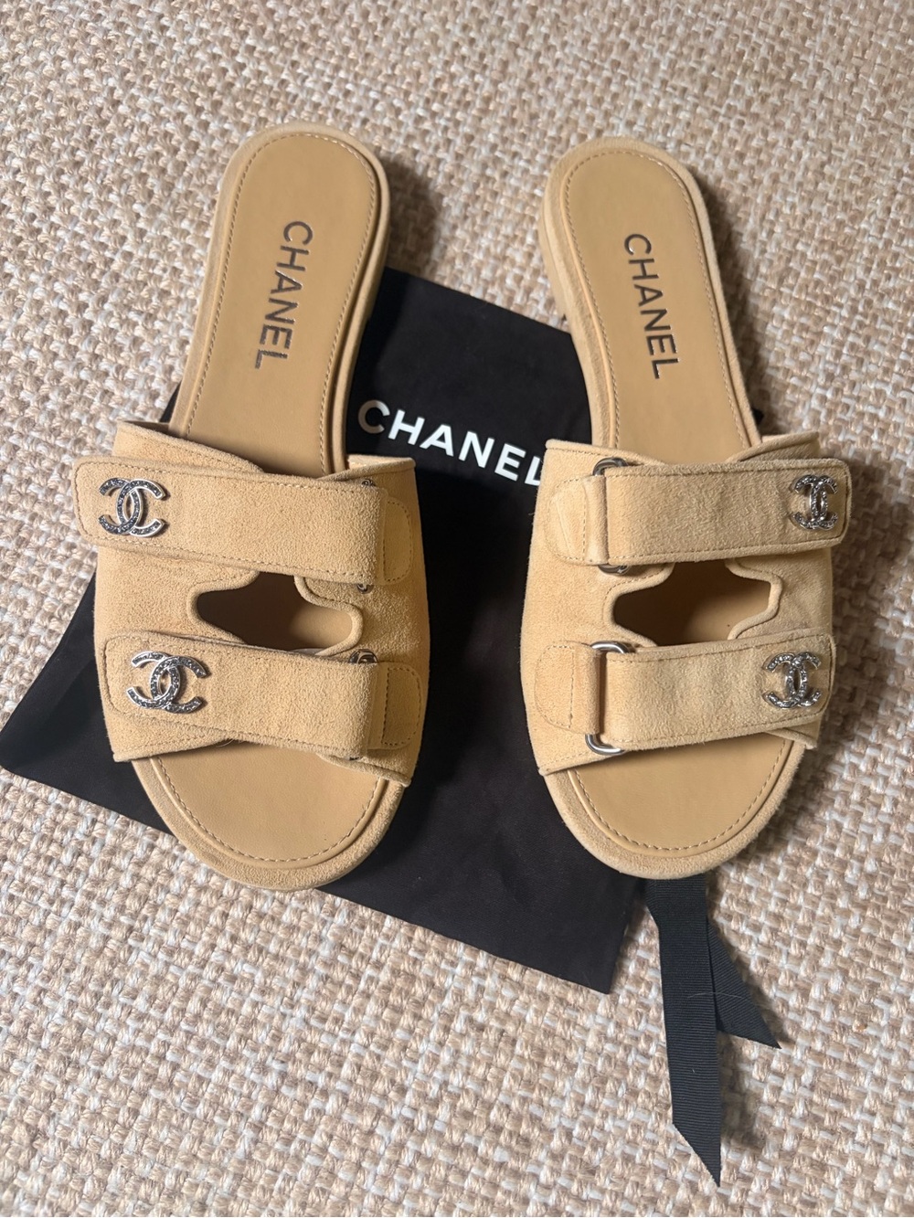 CHANEL Tan Suede Double-Buckle Slide Sandals with CC Hardware